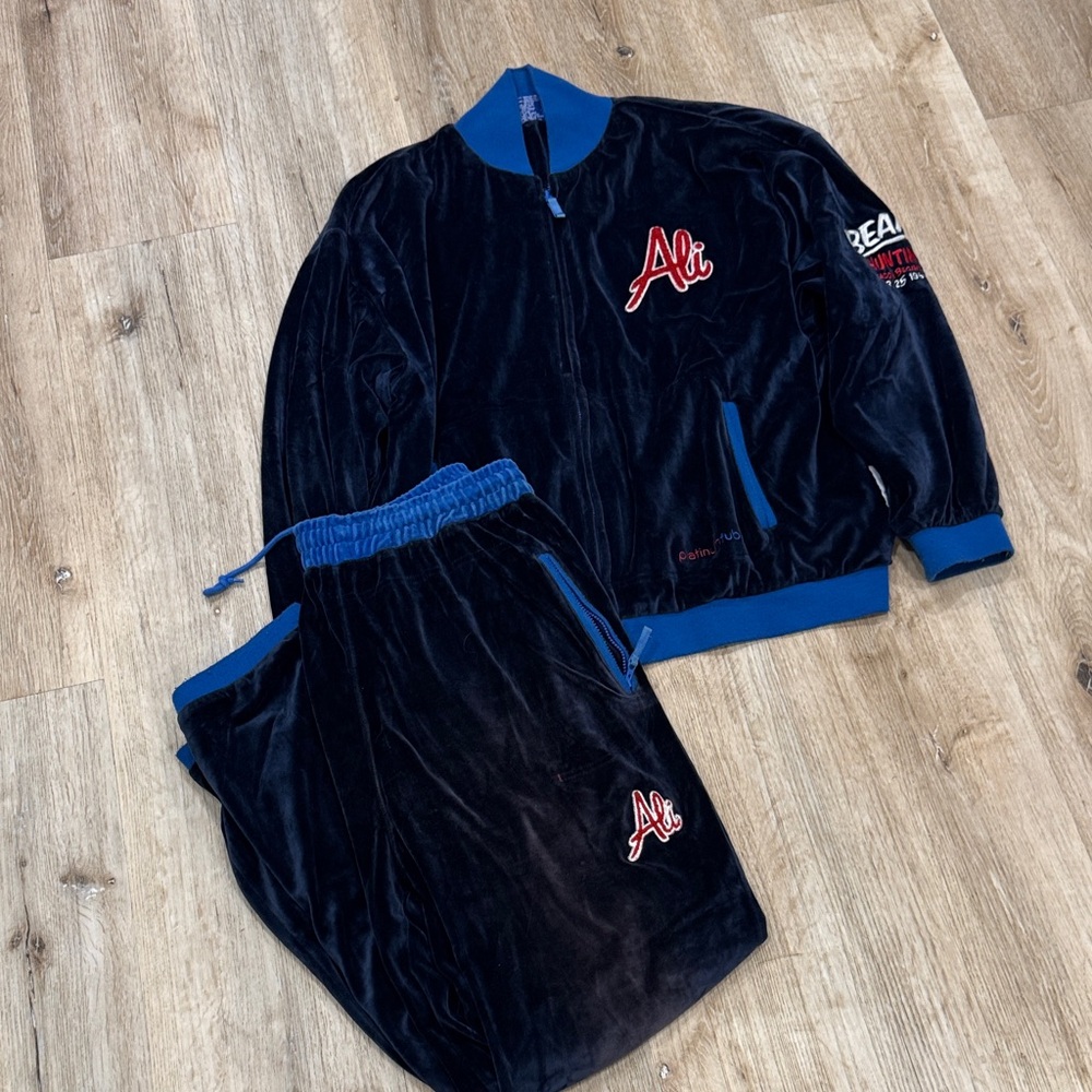 FUBU Y2K Mohamed Ali Navy Velour Jacket with Red Embroidery